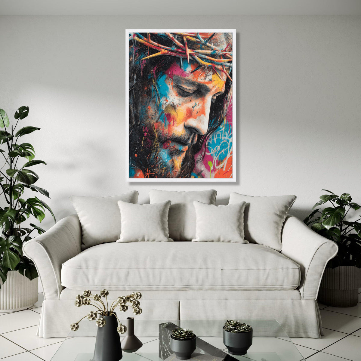 Modern Jesus Portrait Canvas Wall Art, Crown of Thorns Painting, Colorful Religious Decor, Spiritual Canvas Gift Art, Home Decor, Print