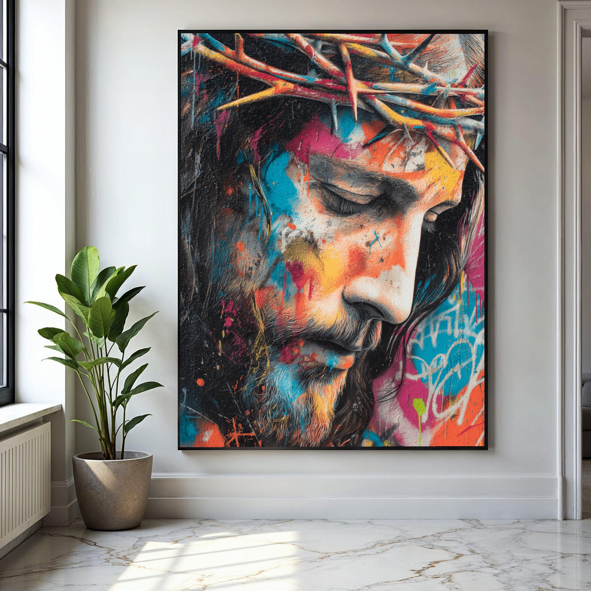 Modern Jesus Portrait Canvas Wall Art, Crown of Thorns Painting, Colorful Religious Decor, Spiritual Canvas Gift Art, Home Decor, Print