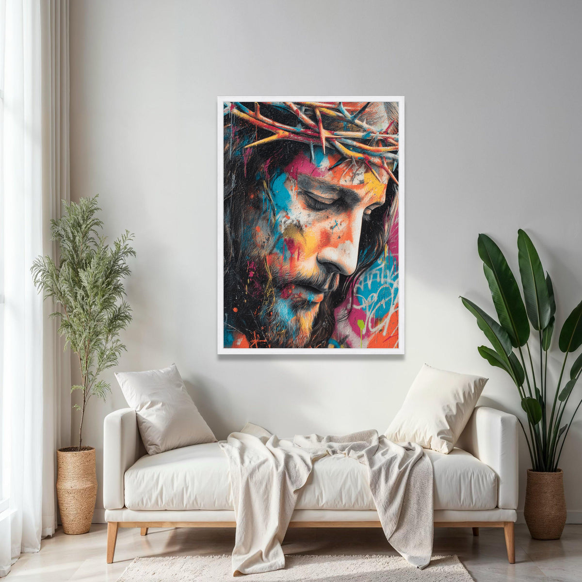 Modern Jesus Portrait Canvas Wall Art, Crown of Thorns Painting, Colorful Religious Decor, Spiritual Canvas Gift Art, Home Decor, Print
