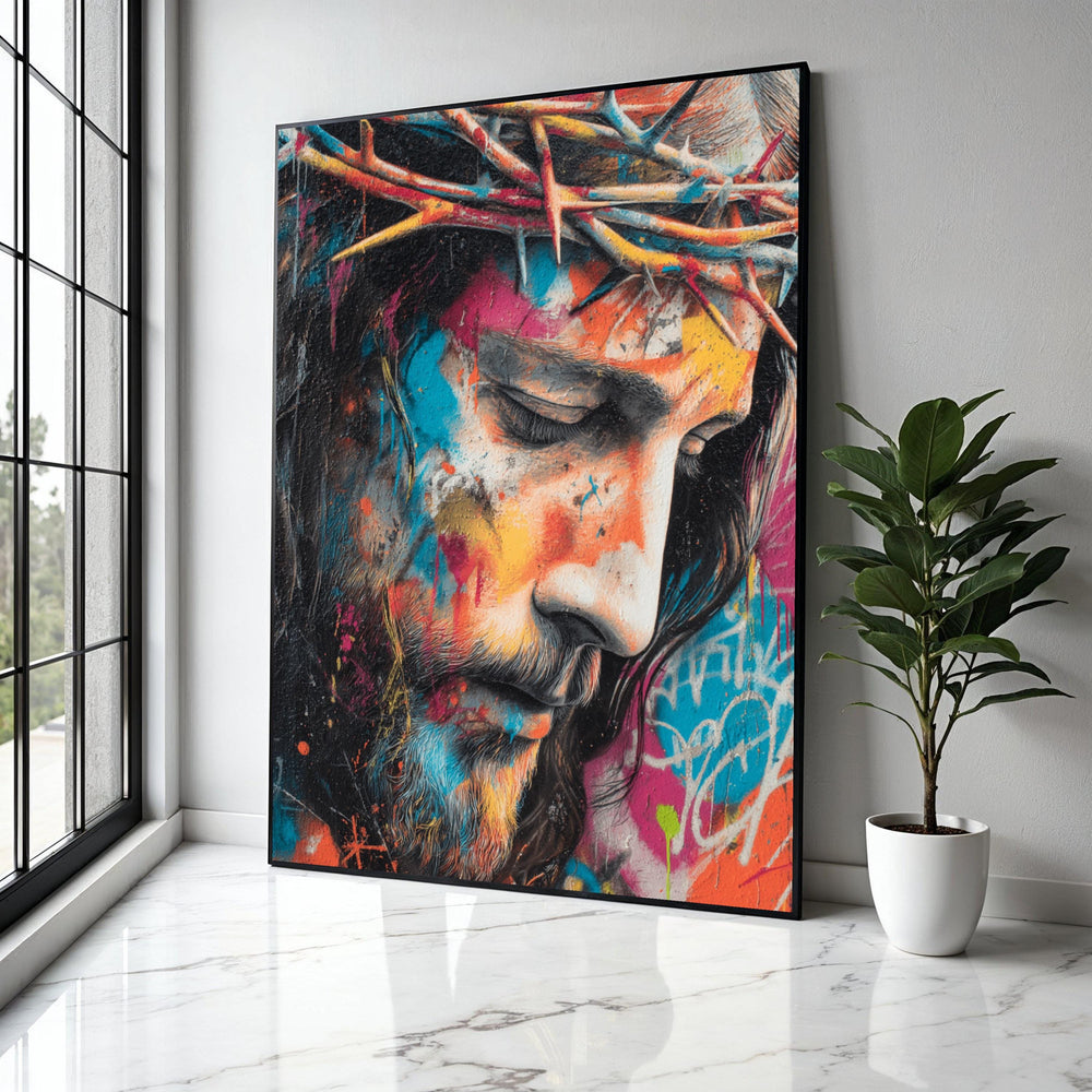Modern Jesus Portrait Canvas Wall Art, Crown of Thorns Painting, Colorful Religious Decor, Spiritual Canvas Gift Art, Home Decor, Print