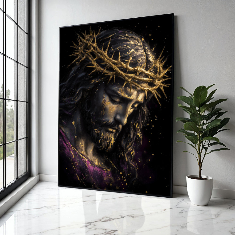 Jesus Crown of Thorns Canvas Wall Art, Religious Spiritual Portrait, Christian Home Decor, Gold Accent Painting, Gift Art, Home Decor, Print