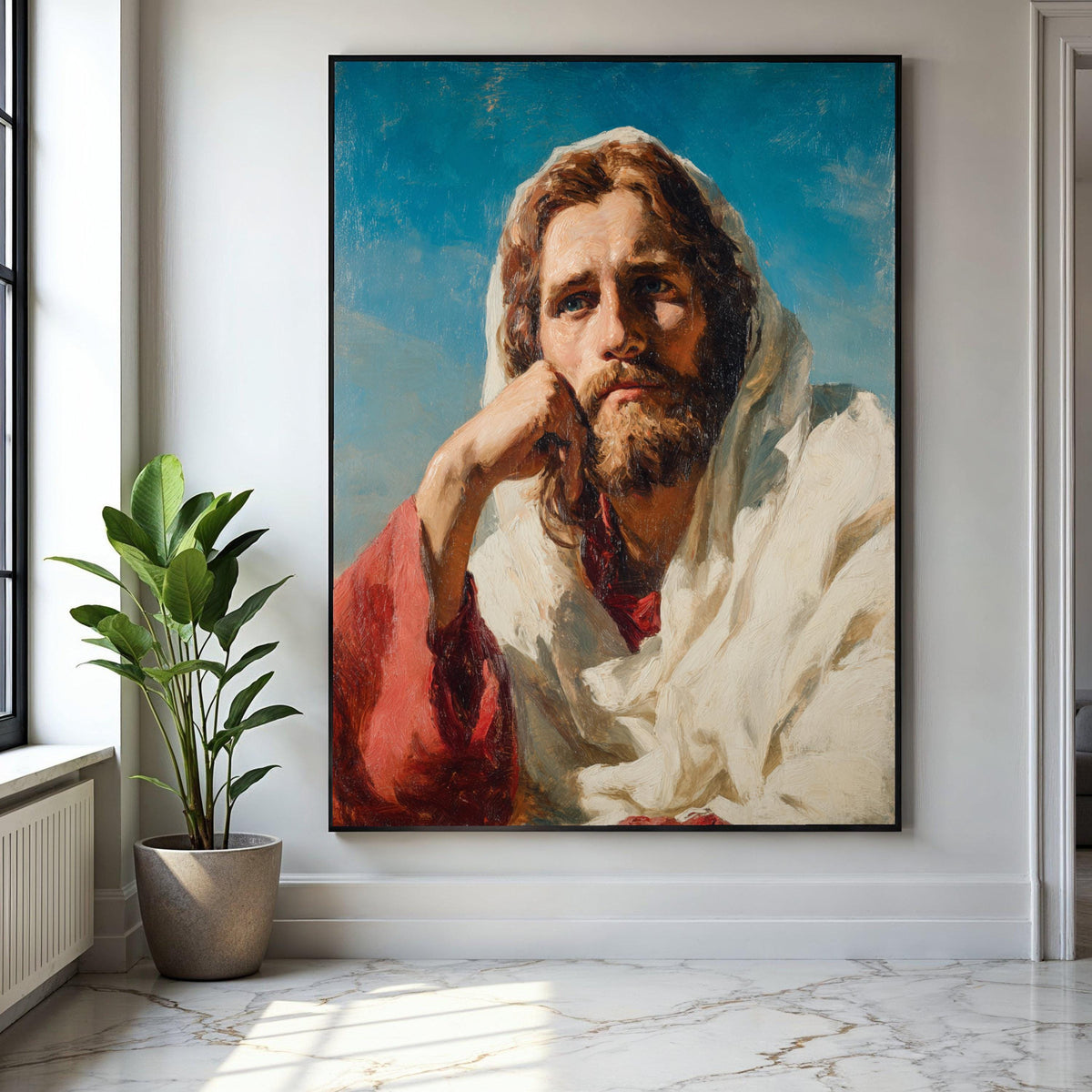 Thoughtful Jesus Portrait Canvas, Religious Wall Art, Inspirational Christian Canvas, Spiritual Home Decor, Gift Art, Home Decor, Print