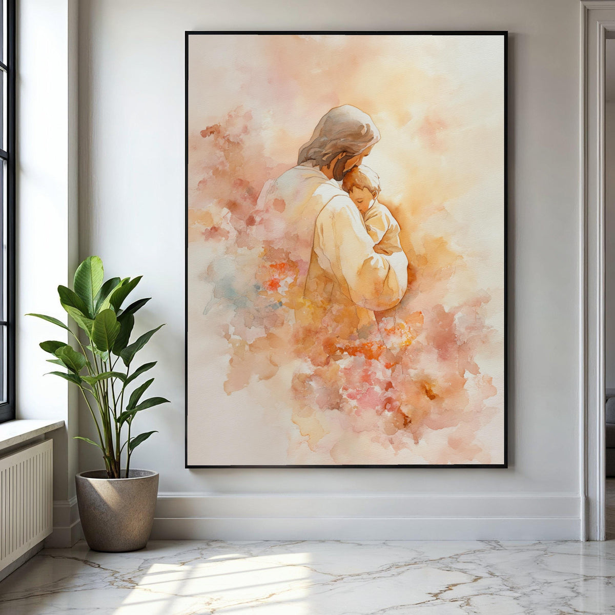 Jesus Holding Child Canvas Wall Art, Religious Watercolor Painting, Spiritual Home Decor, Christian Nursery Gift Art, Home Decor, Print