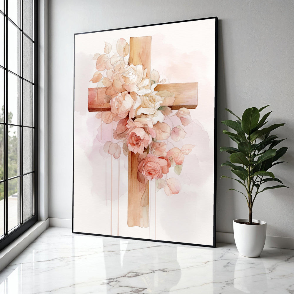 Rustic Wooden Cross with Blush Pink and White Roses, Watercolor Floral Canvas Wall Art, Inspirational Religious Gift Art, Home Decor, Print