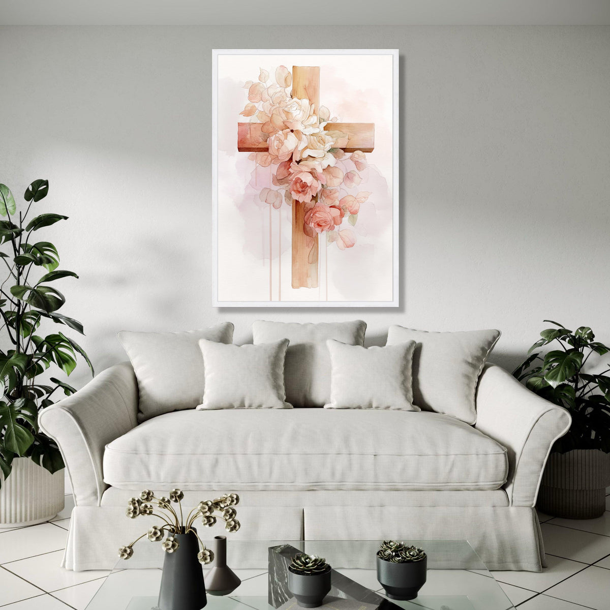 Rustic Wooden Cross with Blush Pink and White Roses, Watercolor Floral Canvas Wall Art, Inspirational Religious Gift Art, Home Decor, Print