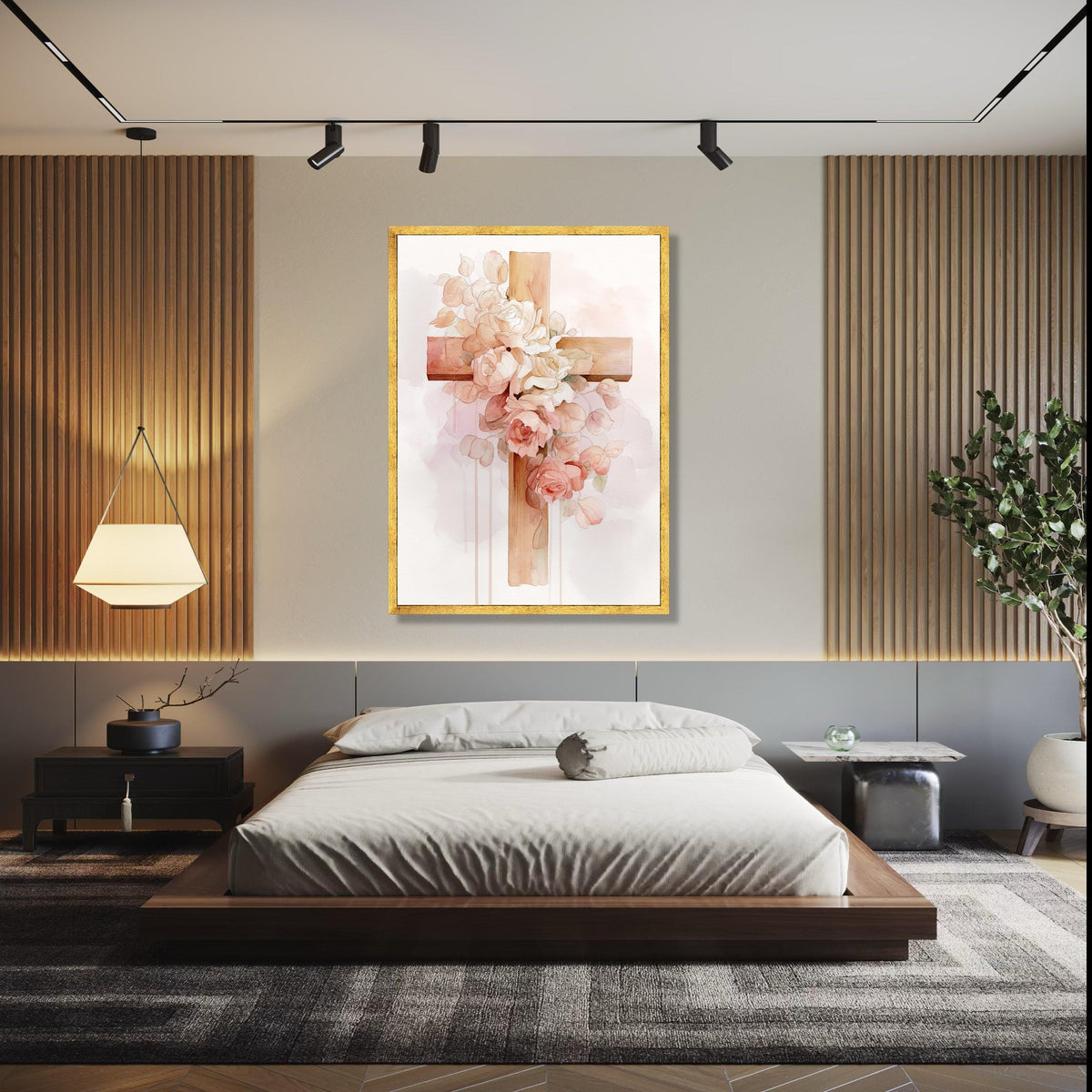 Rustic Wooden Cross with Blush Pink and White Roses, Watercolor Floral Canvas Wall Art, Inspirational Religious Gift Art, Home Decor, Print