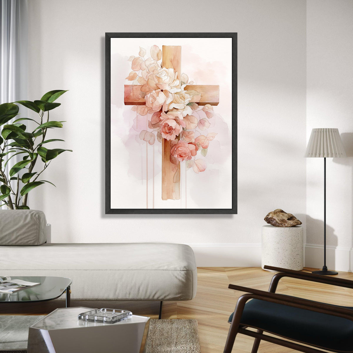 Rustic Wooden Cross with Blush Pink and White Roses, Watercolor Floral Canvas Wall Art, Inspirational Religious Gift Art, Home Decor, Print