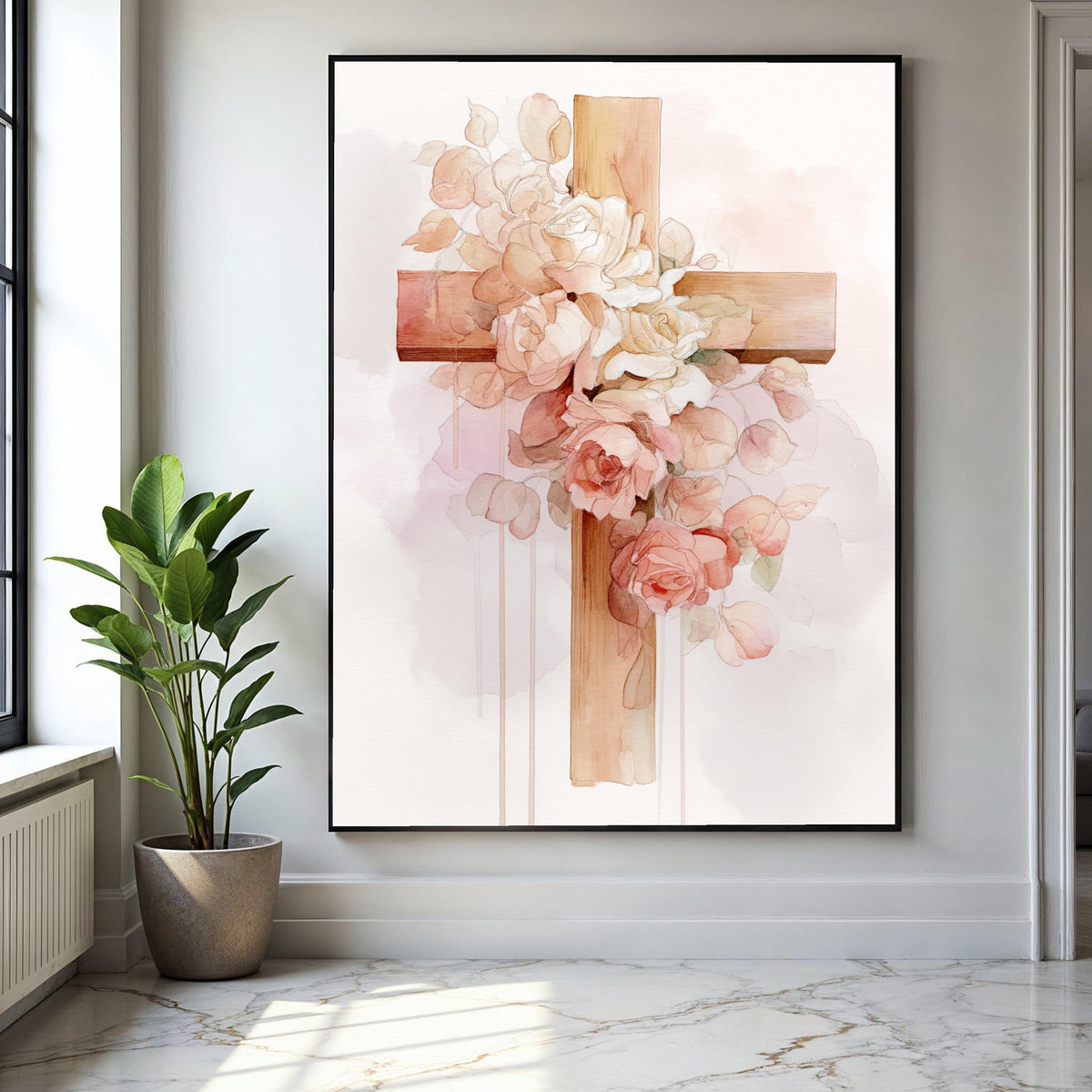 Rustic Wooden Cross with Blush Pink and White Roses, Watercolor Floral Canvas Wall Art, Inspirational Religious Gift Art, Home Decor, Print
