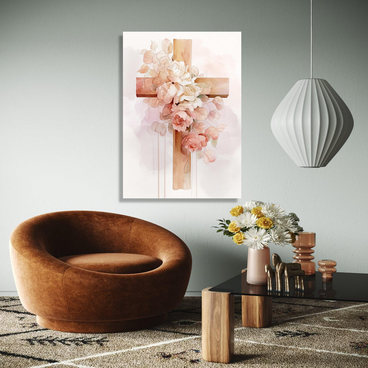 Rustic Wooden Cross with Blush Pink and White Roses, Watercolor Floral Canvas Wall Art, Inspirational Religious Gift Art, Home Decor, Print