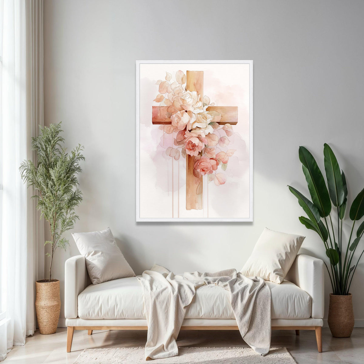 Rustic Wooden Cross with Blush Pink and White Roses, Watercolor Floral Canvas Wall Art, Inspirational Religious Gift Art, Home Decor, Print