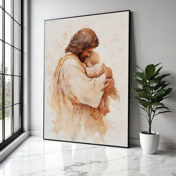 Tender Jesus Embrace, Baby Hug Canvas Wall Art, Religious Christian Painting, Spiritual Home Decor, Gift Art, Home Decor, Print