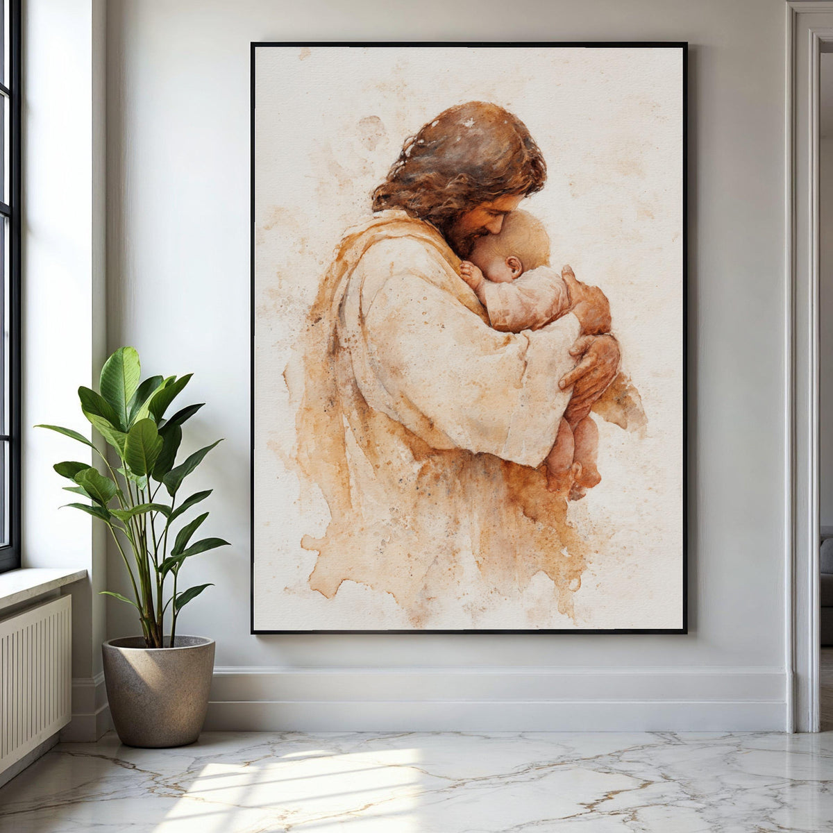 Tender Jesus Embrace, Baby Hug Canvas Wall Art, Religious Christian Painting, Spiritual Home Decor, Gift Art, Home Decor, Print