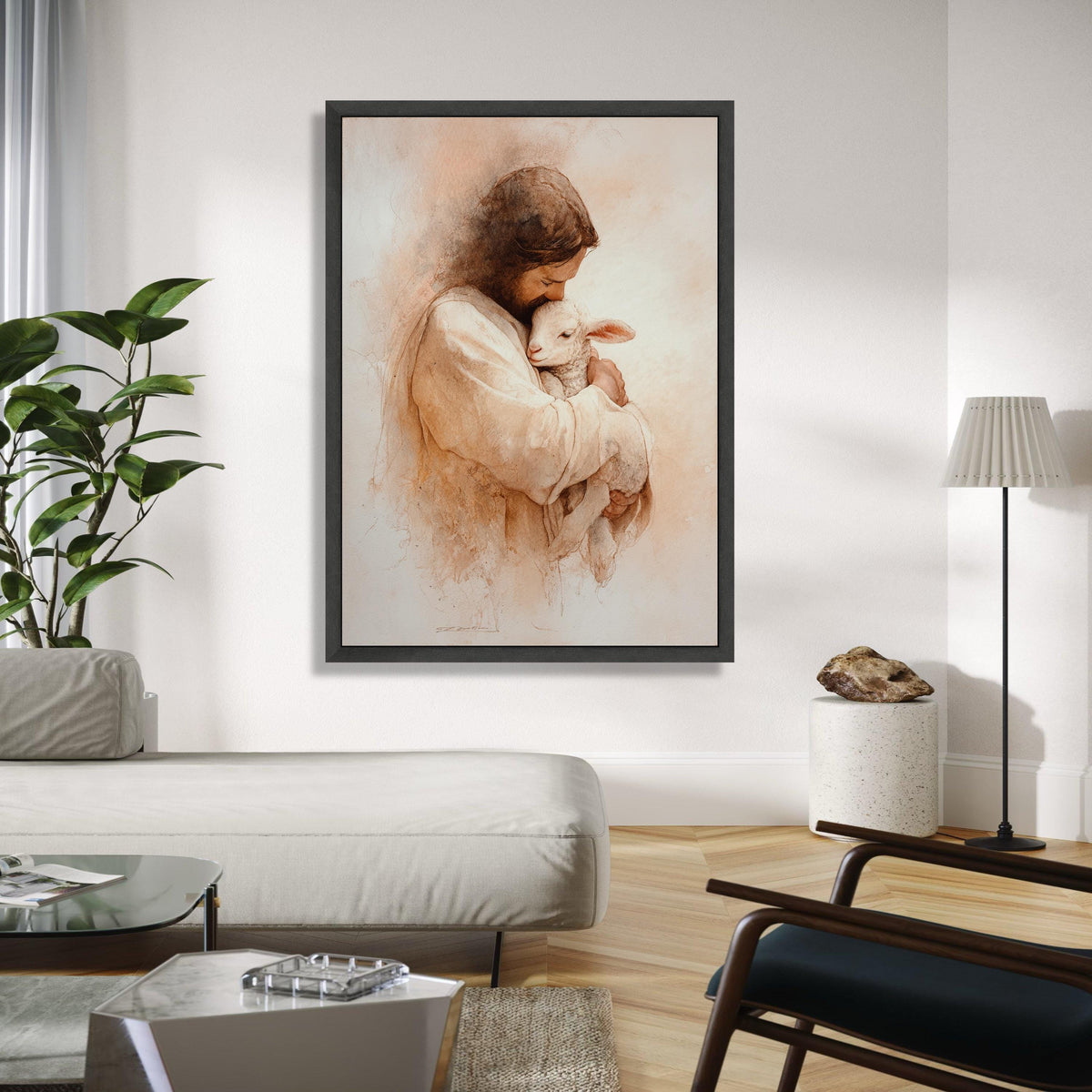 Loving Jesus Embrace with Lamb Canvas, Christian Religious Art, Spiritual Wall Decor, Biblical Canvas Painting, Gift Art, Home Decor, Print
