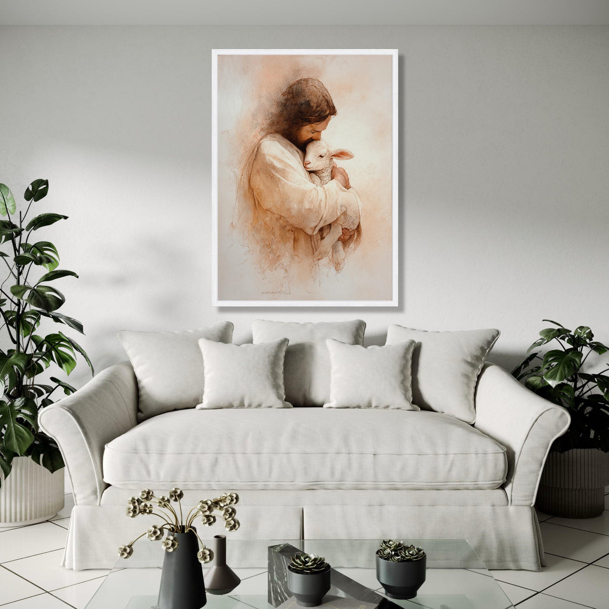 Loving Jesus Embrace with Lamb Canvas, Christian Religious Art, Spiritual Wall Decor, Biblical Canvas Painting, Gift Art, Home Decor, Print