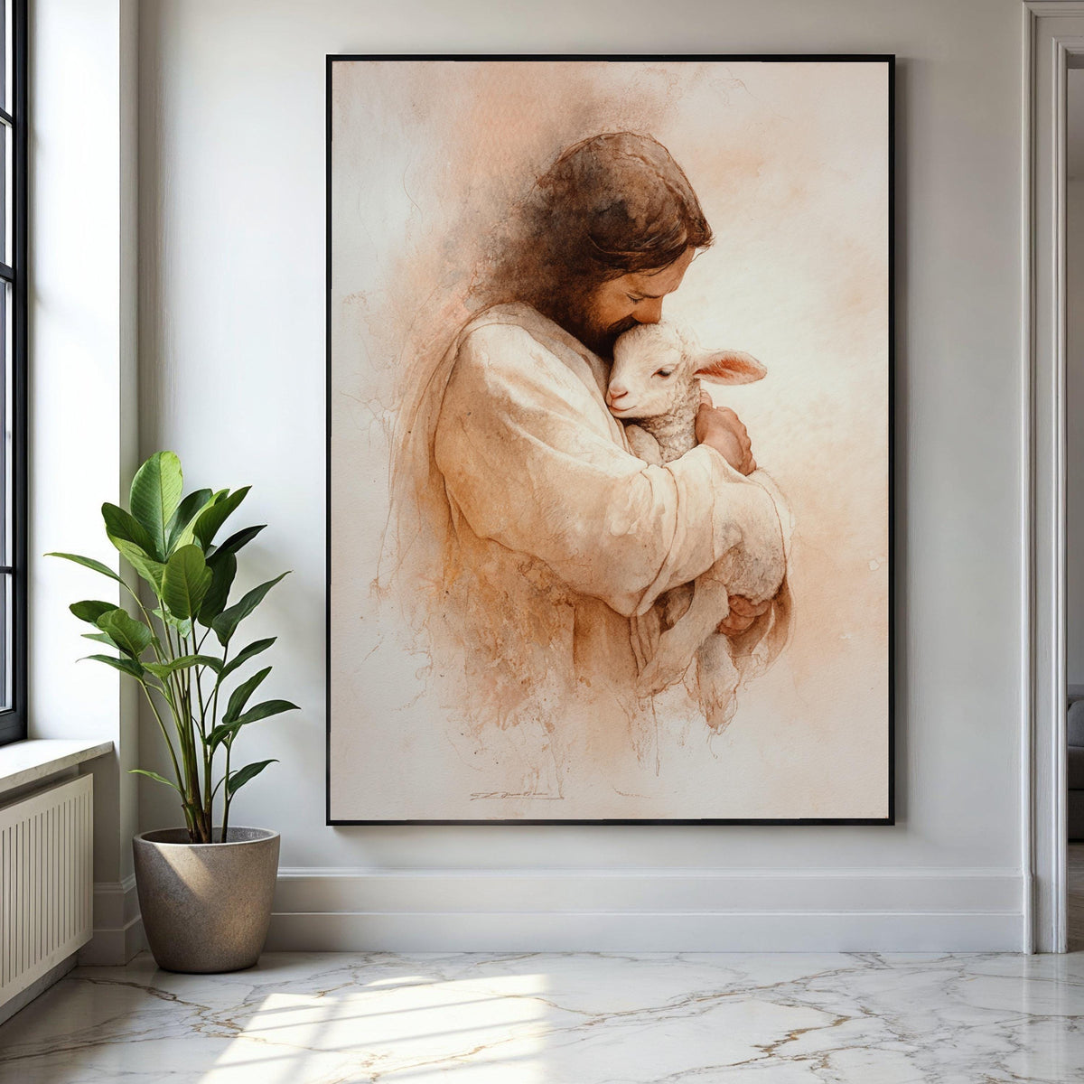 Loving Jesus Embrace with Lamb Canvas, Christian Religious Art, Spiritual Wall Decor, Biblical Canvas Painting, Gift Art, Home Decor, Print