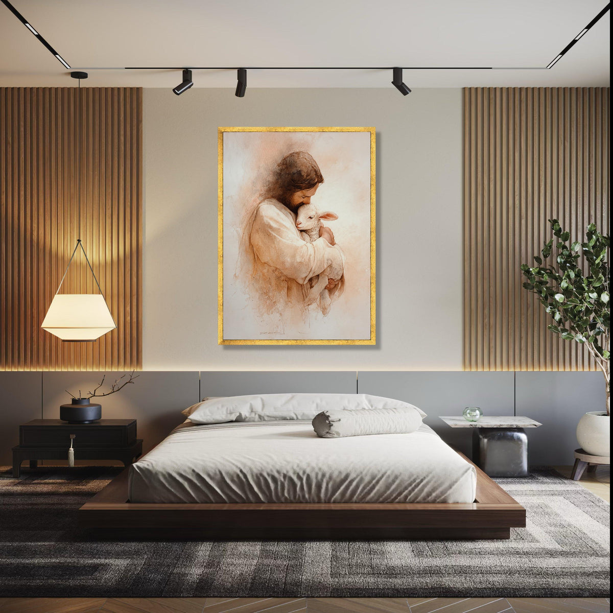 Loving Jesus Embrace with Lamb Canvas, Christian Religious Art, Spiritual Wall Decor, Biblical Canvas Painting, Gift Art, Home Decor, Print