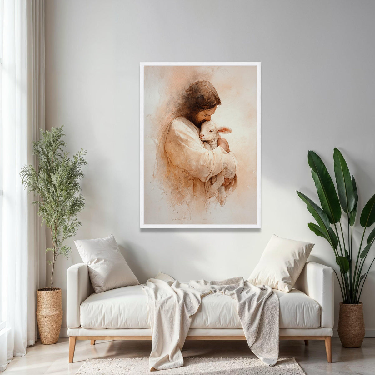 Loving Jesus Embrace with Lamb Canvas, Christian Religious Art, Spiritual Wall Decor, Biblical Canvas Painting, Gift Art, Home Decor, Print