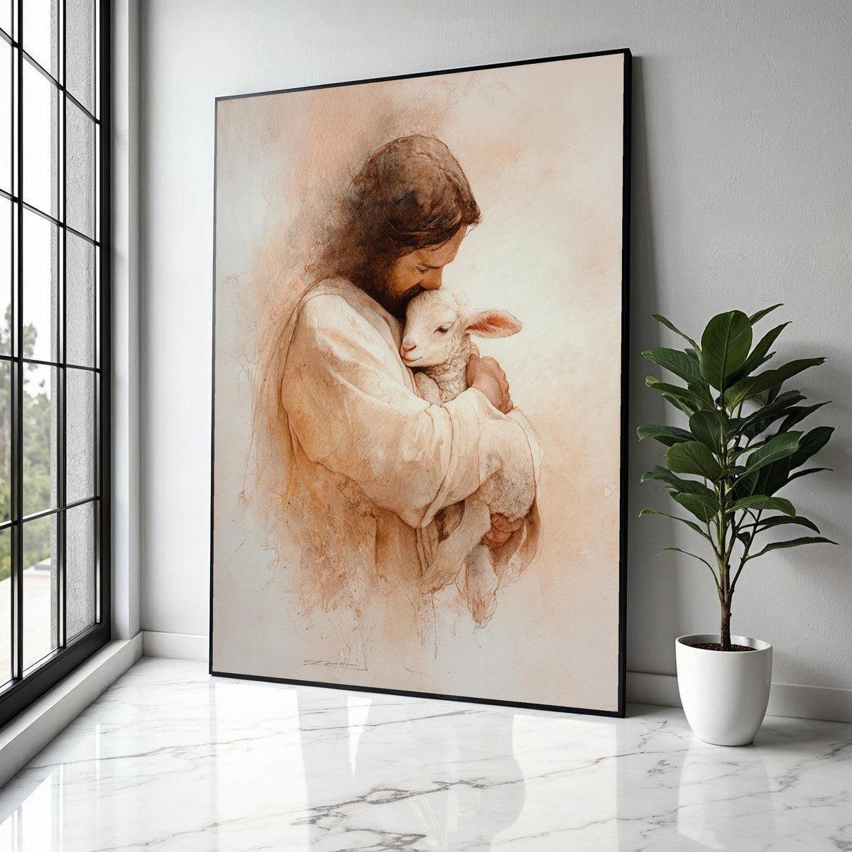 Loving Jesus Embrace with Lamb Canvas, Christian Religious Art, Spiritual Wall Decor, Biblical Canvas Painting, Gift Art, Home Decor, Print