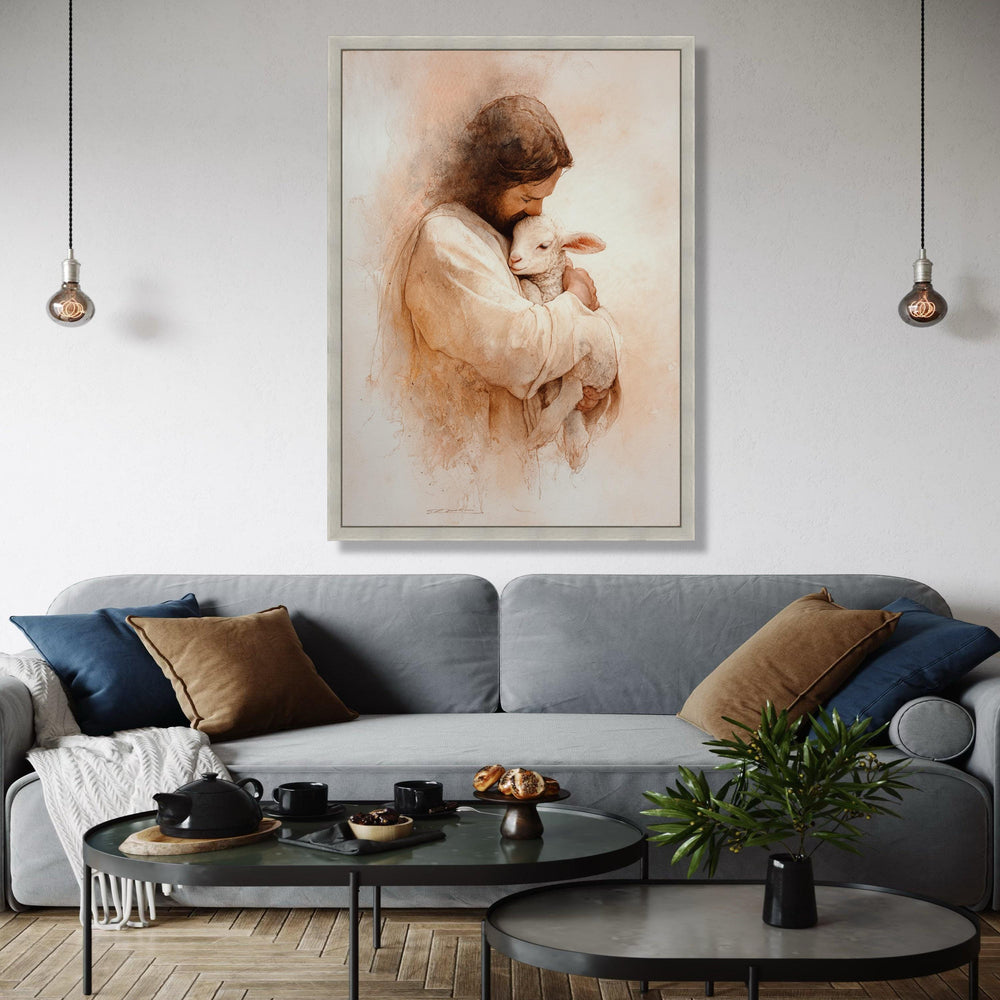 Loving Jesus Embrace with Lamb Canvas, Christian Religious Art, Spiritual Wall Decor, Biblical Canvas Painting, Gift Art, Home Decor, Print