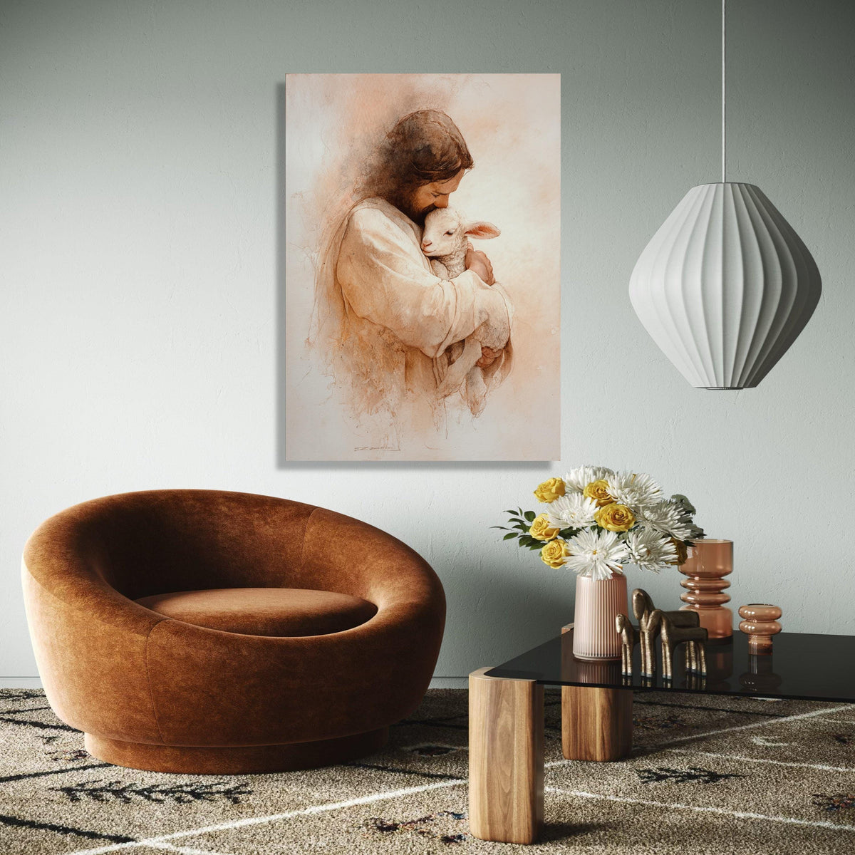 Loving Jesus Embrace with Lamb Canvas, Christian Religious Art, Spiritual Wall Decor, Biblical Canvas Painting, Gift Art, Home Decor, Print