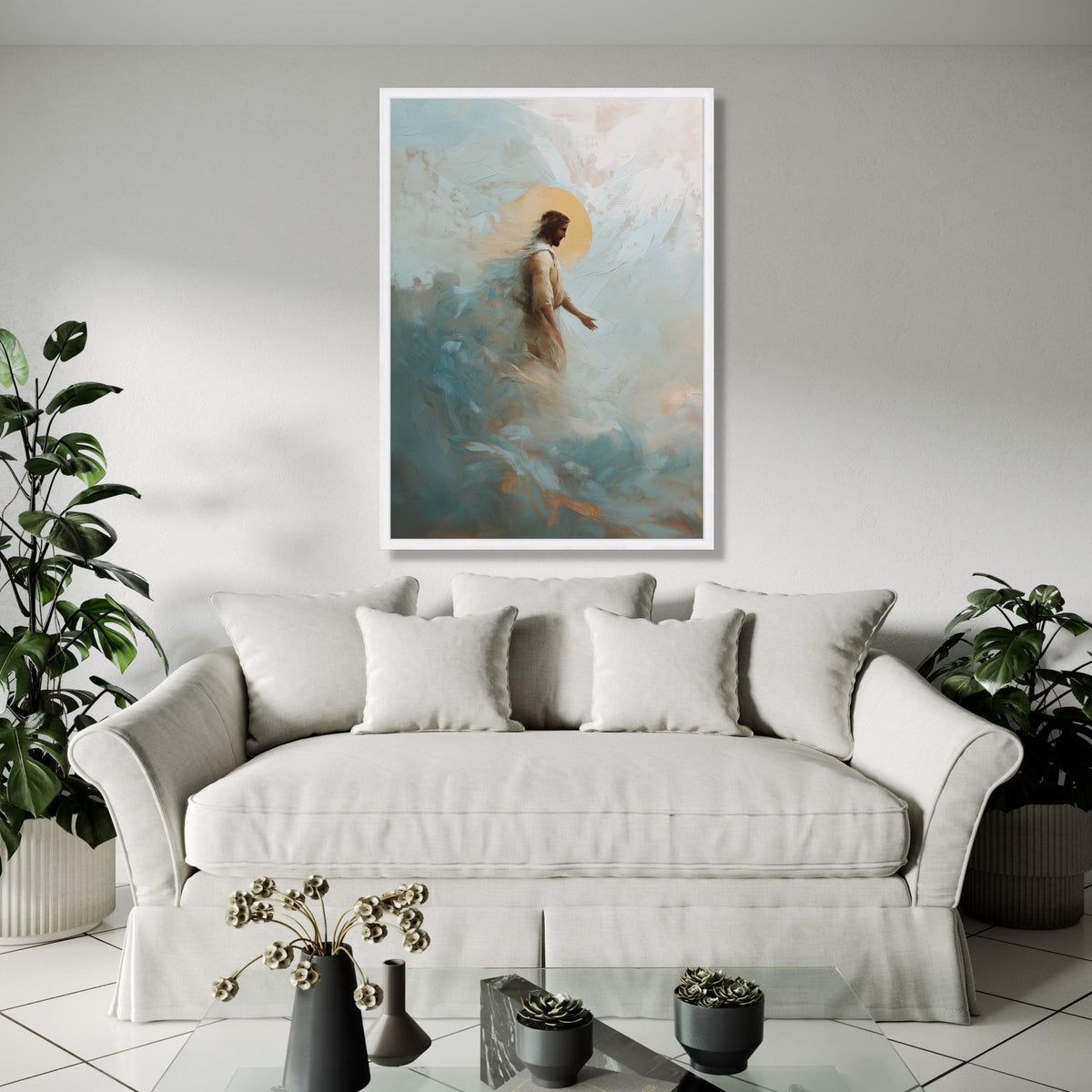 Jesus Walking on Clouds Canvas, Spiritual Religious Wall Art, Christian Faith Painting, Inspirational Home Gift Art, Home Decor, Print