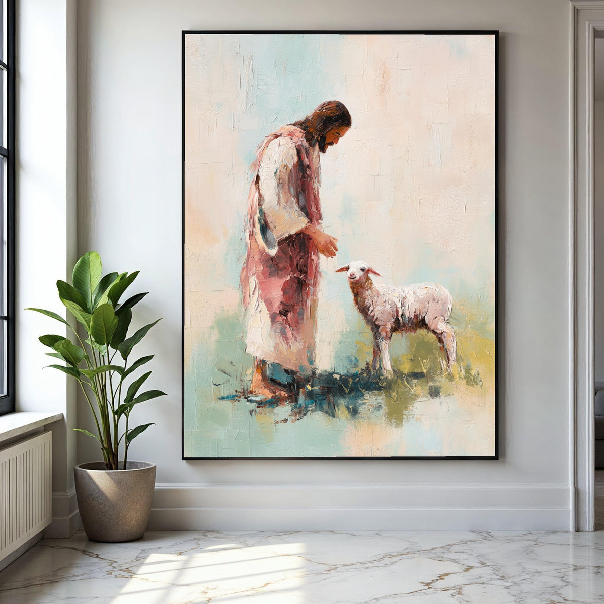 Jesus with Lamb, Religious Canvas Wall Art, Christian Faith Painting, Spiritual Home Decoration, Inspirational Gift Art, Home Decor, Print