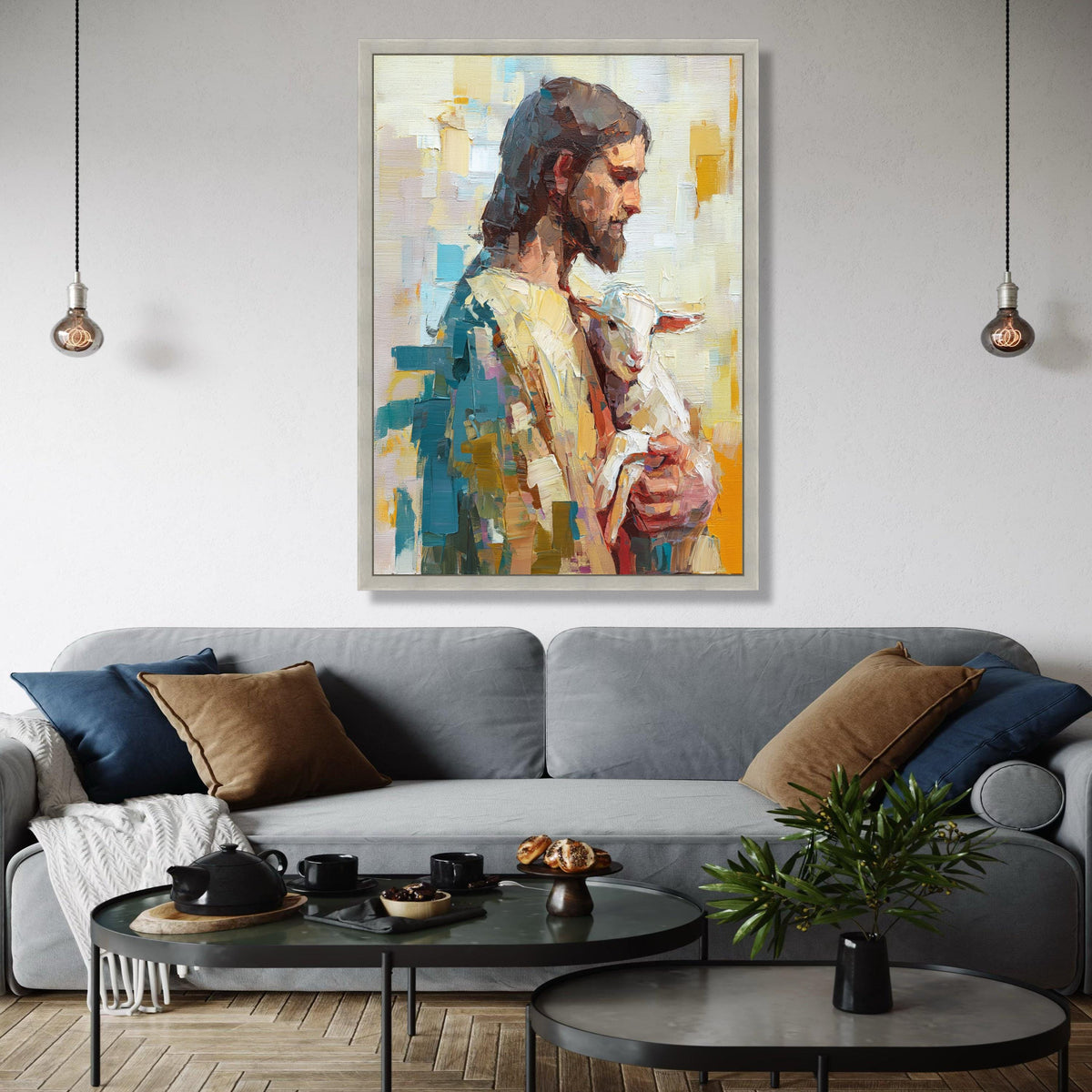 Jesus Holding Lamb Canvas Wall Art, Spiritual Christian Religious Painting, Modern Religious Decor, Gift Art, Home Decor, Print