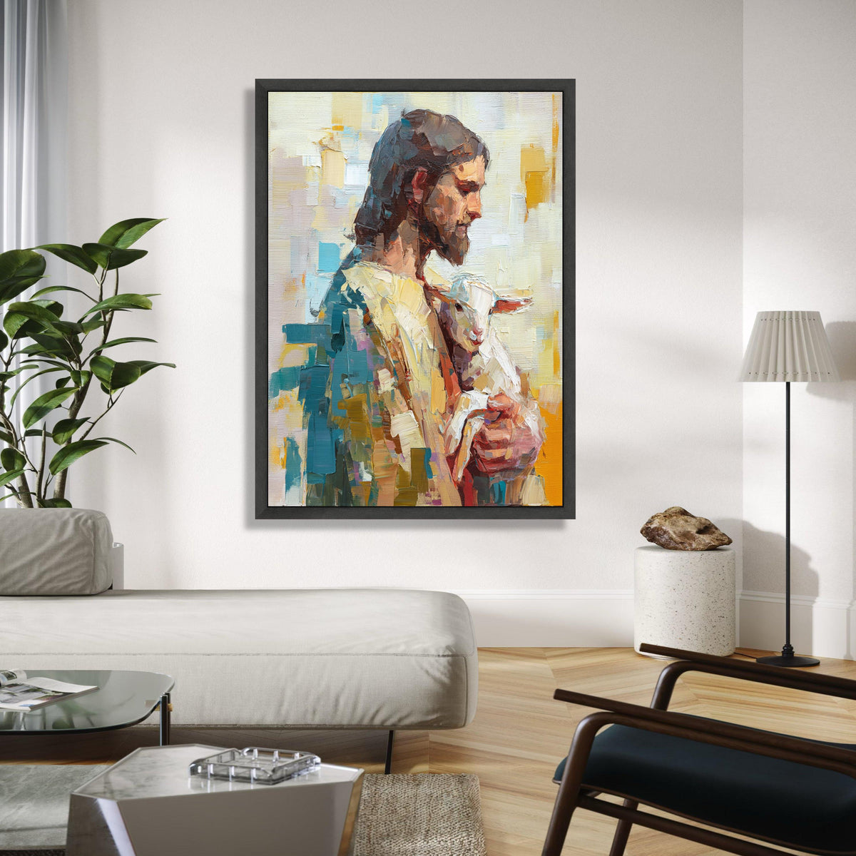Jesus Holding Lamb Canvas Wall Art, Spiritual Christian Religious Painting, Modern Religious Decor, Gift Art, Home Decor, Print