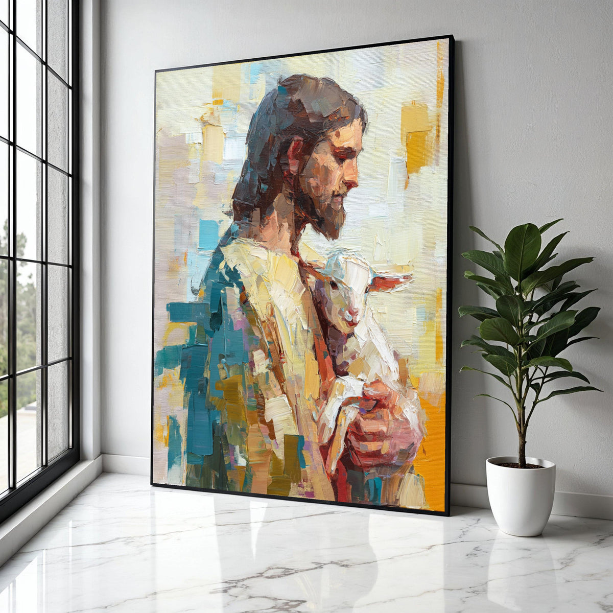Jesus Holding Lamb Canvas Wall Art, Spiritual Christian Religious Painting, Modern Religious Decor, Gift Art, Home Decor, Print