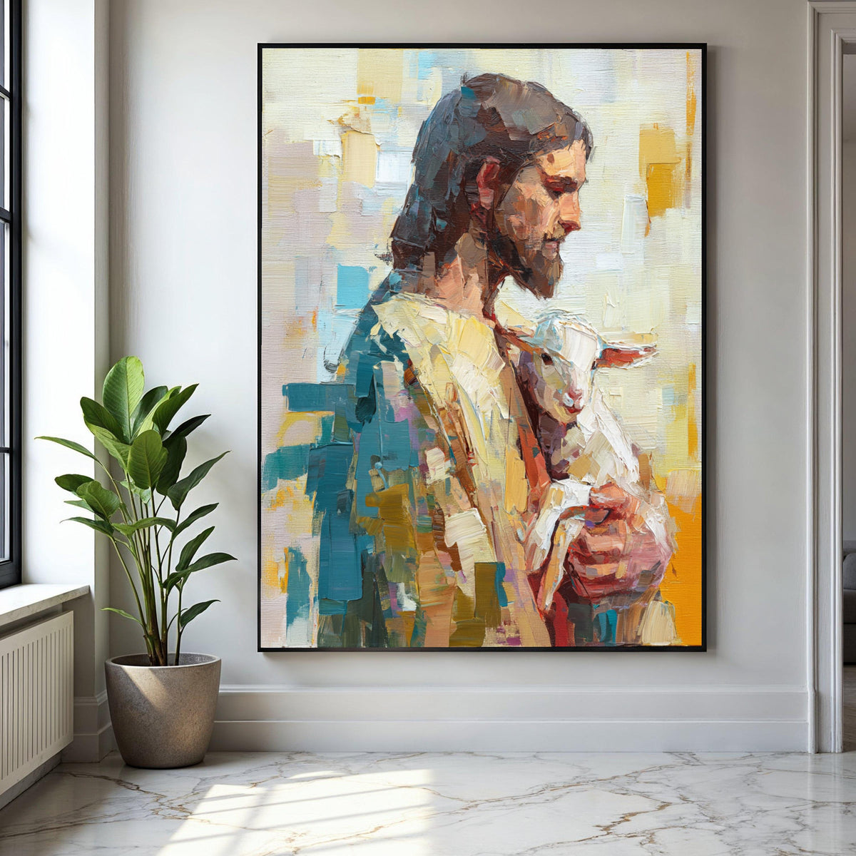 Jesus Holding Lamb Canvas Wall Art, Spiritual Christian Religious Painting, Modern Religious Decor, Gift Art, Home Decor, Print
