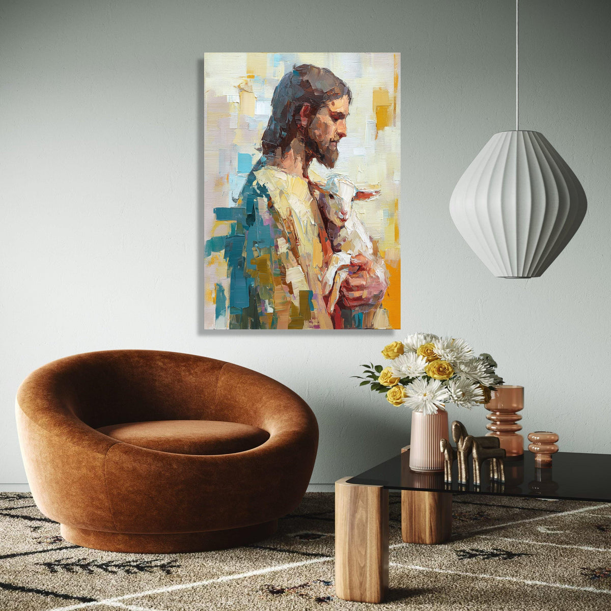 Jesus Holding Lamb Canvas Wall Art, Spiritual Christian Religious Painting, Modern Religious Decor, Gift Art, Home Decor, Print