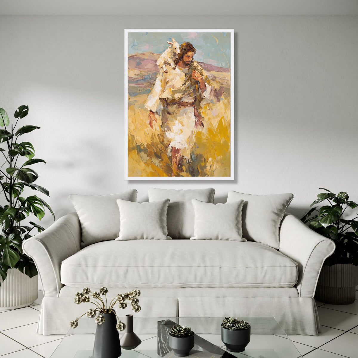 Jesus Carrying Lamb Canvas Wall Art, Christian Religious Painting, Spiritual Home Decor, Inspirational Biblical Gift Art, Home Decor, Print