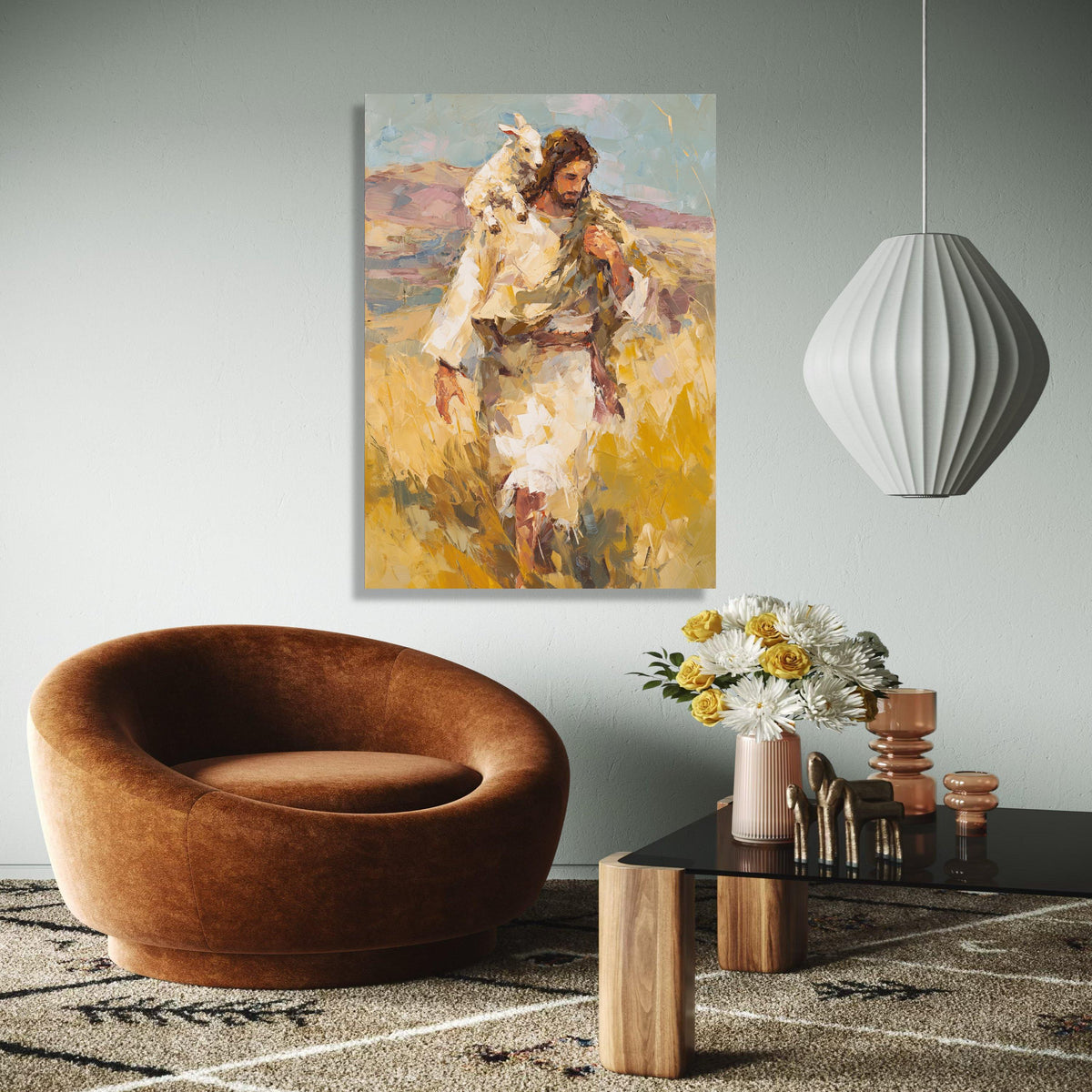 Jesus Carrying Lamb Canvas Wall Art, Christian Religious Painting, Spiritual Home Decor, Inspirational Biblical Gift Art, Home Decor, Print