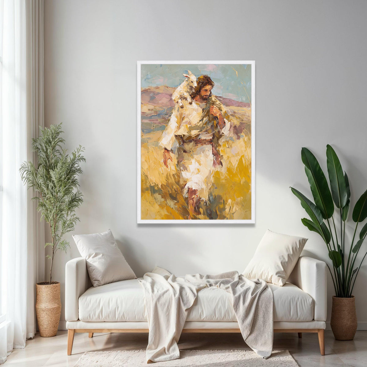 Jesus Carrying Lamb Canvas Wall Art, Christian Religious Painting, Spiritual Home Decor, Inspirational Biblical Gift Art, Home Decor, Print
