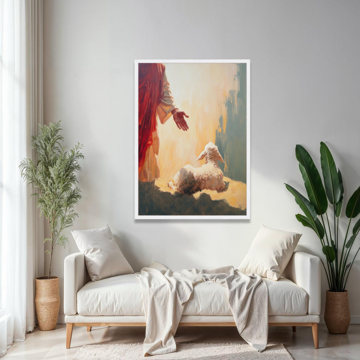 Jesus Reaching Out to Lamb Canvas, Christian Wall Art, Spiritual Religious Canvas, Faith Home Decor, Gift Art, Home Decor, Print