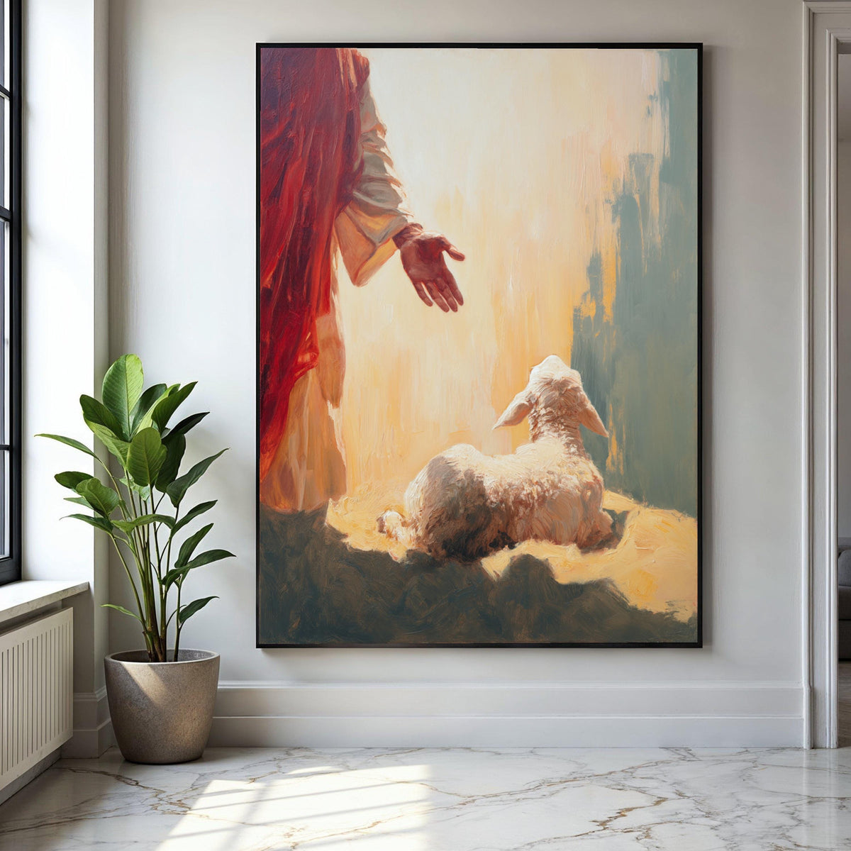 Jesus Reaching Out to Lamb Canvas, Christian Wall Art, Spiritual Religious Canvas, Faith Home Decor, Gift Art, Home Decor, Print