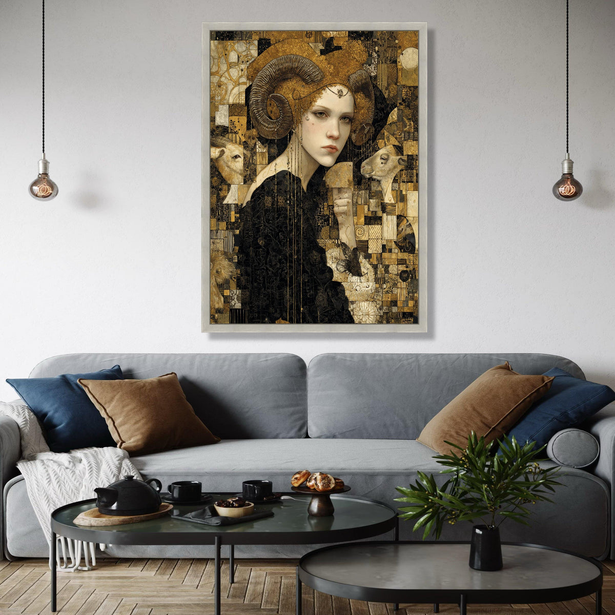Mystical Woman with Ram Horns Canvas, Surreal Animal Portrait Wall Art, Gold and Black Decorative Canvas, Gift Art, Home Decor, Print
