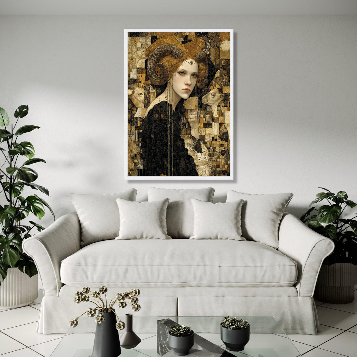 Mystical Woman with Ram Horns Canvas, Surreal Animal Portrait Wall Art, Gold and Black Decorative Canvas, Gift Art, Home Decor, Print
