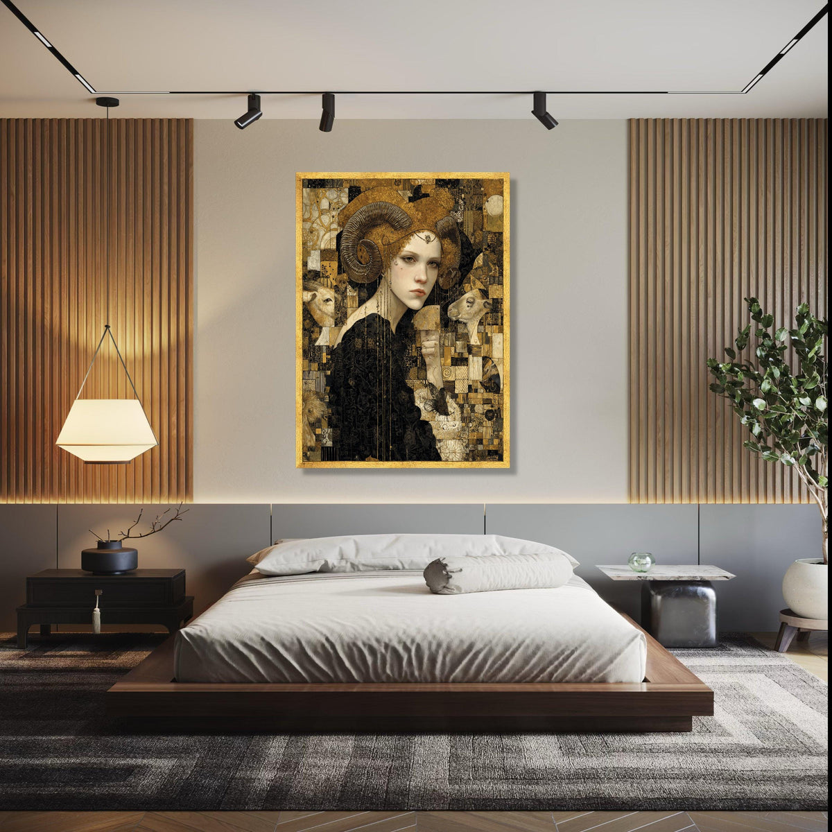 Mystical Woman with Ram Horns Canvas, Surreal Animal Portrait Wall Art, Gold and Black Decorative Canvas, Gift Art, Home Decor, Print