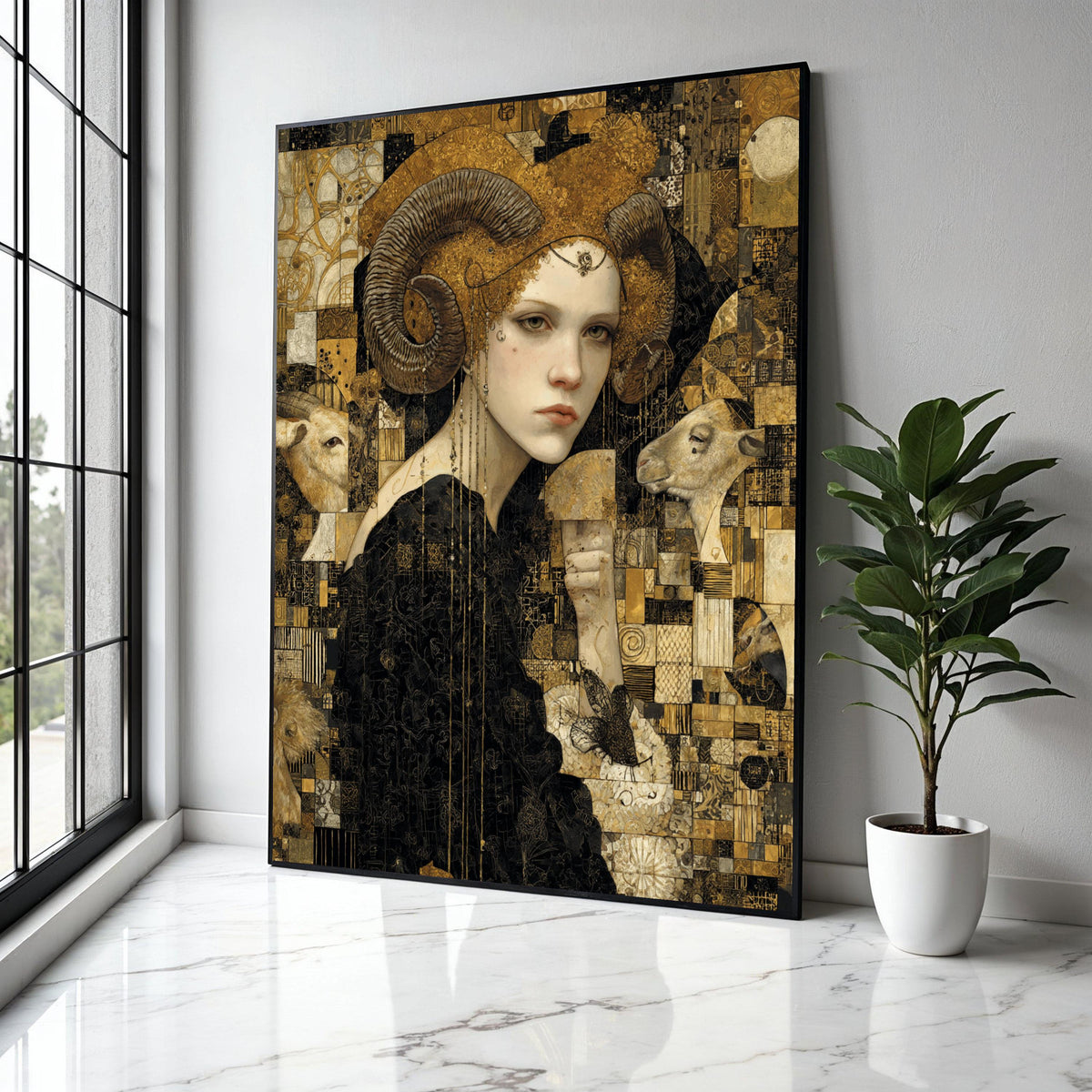 Mystical Woman with Ram Horns Canvas, Surreal Animal Portrait Wall Art, Gold and Black Decorative Canvas, Gift Art, Home Decor, Print