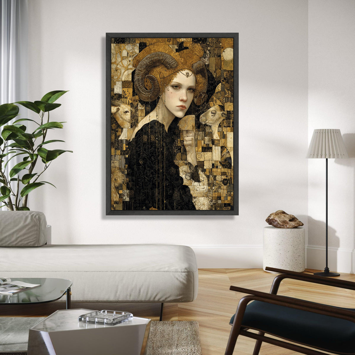 Mystical Woman with Ram Horns Canvas, Surreal Animal Portrait Wall Art, Gold and Black Decorative Canvas, Gift Art, Home Decor, Print