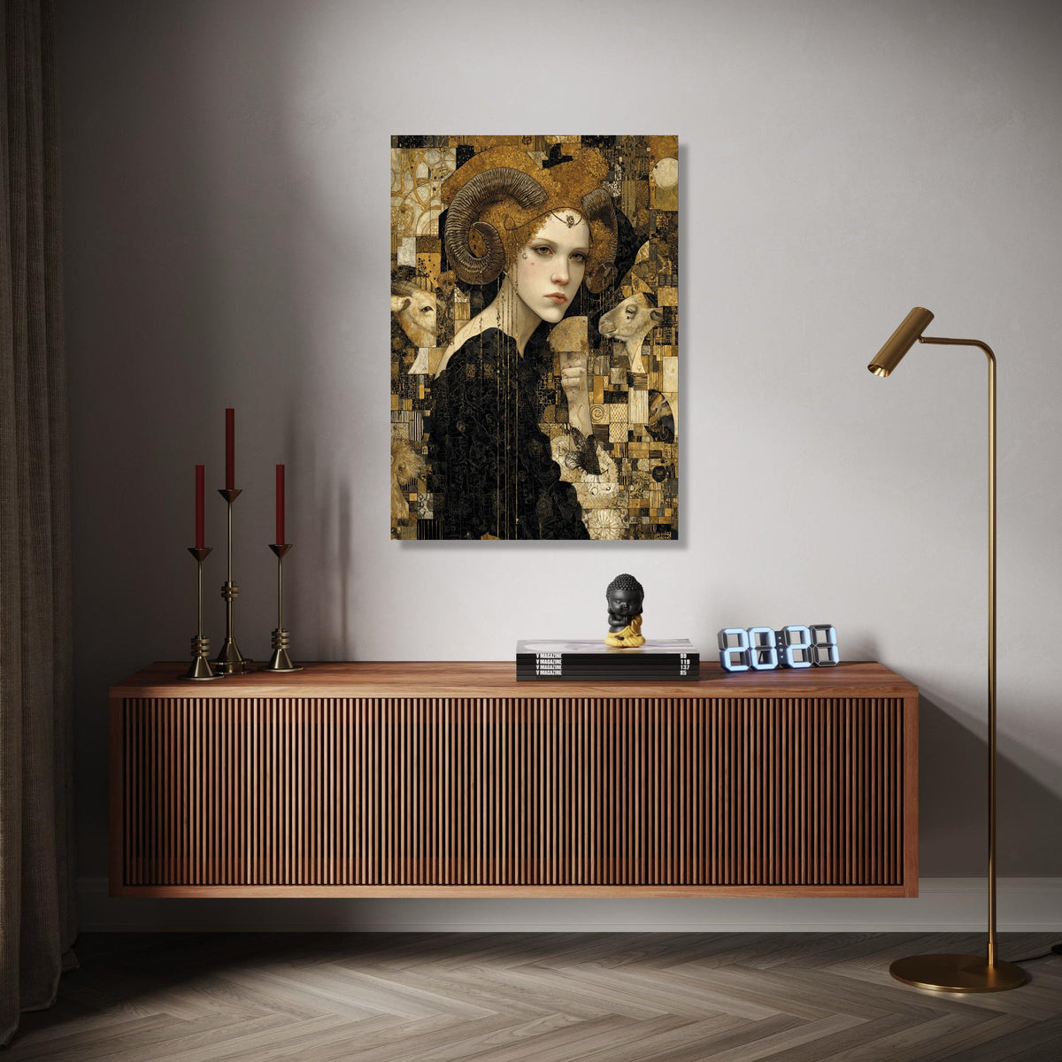 Mystical Woman with Ram Horns Canvas, Surreal Animal Portrait Wall Art, Gold and Black Decorative Canvas, Gift Art, Home Decor, Print