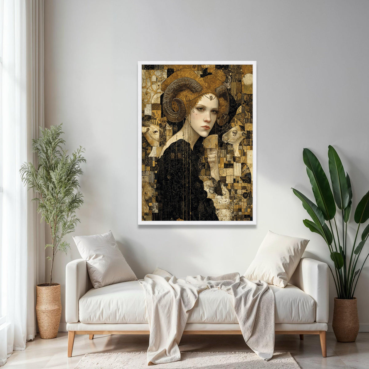 Mystical Woman with Ram Horns Canvas, Surreal Animal Portrait Wall Art, Gold and Black Decorative Canvas, Gift Art, Home Decor, Print
