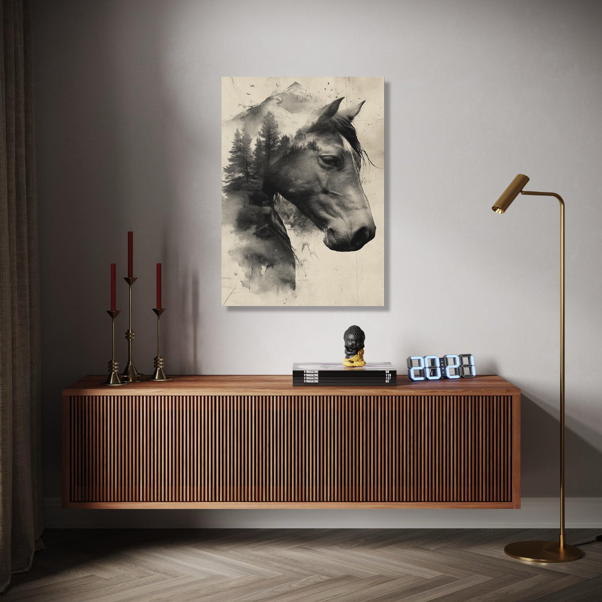 Majestic Horse and Mountain Landscape Canvas, Double Exposure Nature Wall Art, Black and White Rustic Decor, Gift Art, Home Decor, Print