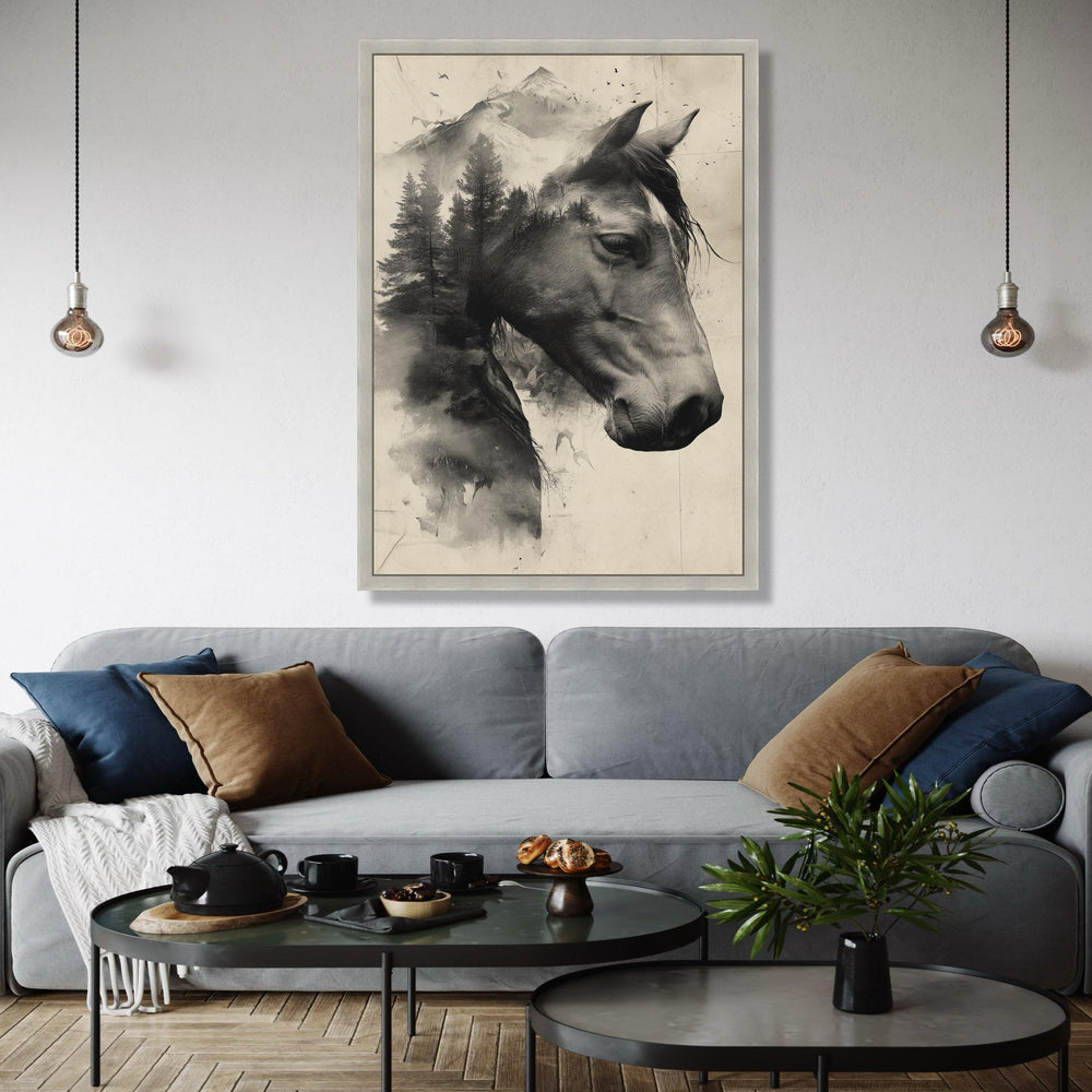 Majestic Horse and Mountain Landscape Canvas, Double Exposure Nature Wall Art, Black and White Rustic Decor, Gift Art, Home Decor, Print