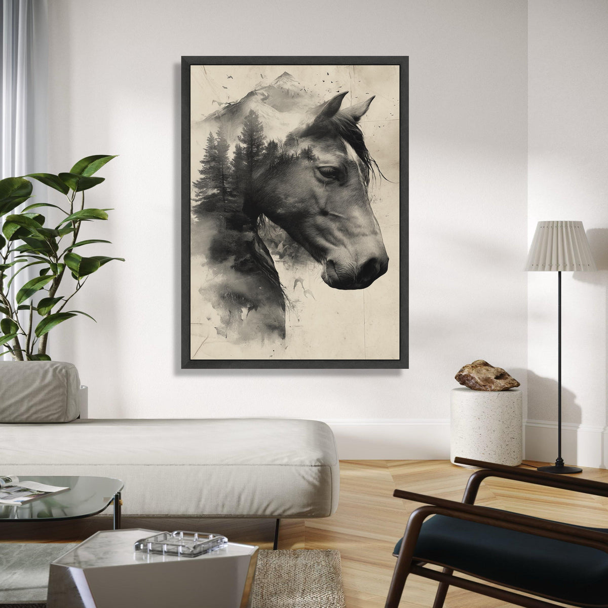Majestic Horse and Mountain Landscape Canvas, Double Exposure Nature Wall Art, Black and White Rustic Decor, Gift Art, Home Decor, Print