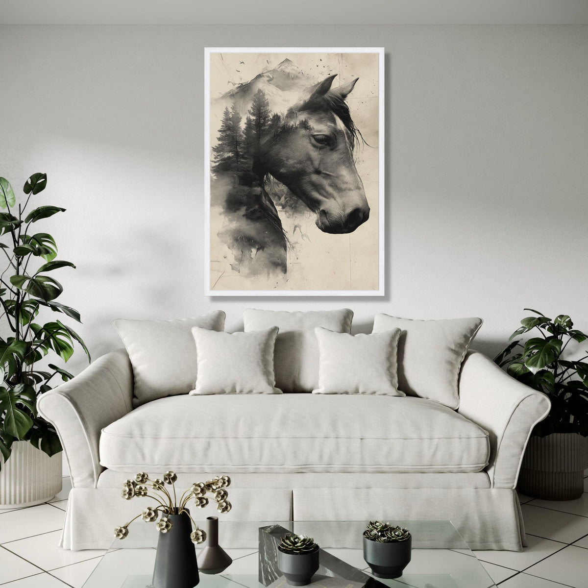 Majestic Horse and Mountain Landscape Canvas, Double Exposure Nature Wall Art, Black and White Rustic Decor, Gift Art, Home Decor, Print
