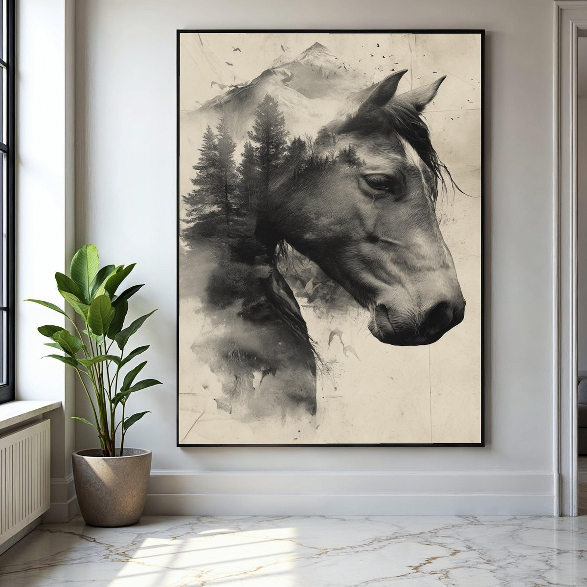 Majestic Horse and Mountain Landscape Canvas, Double Exposure Nature Wall Art, Black and White Rustic Decor, Gift Art, Home Decor, Print
