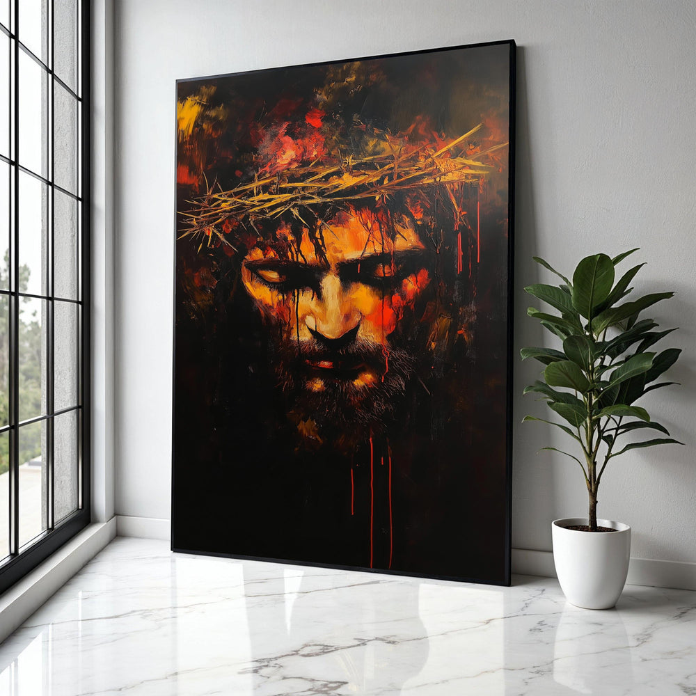 Intense Jesus Christ Crown of Thorns Canvas, Dramatic Religious Wall Art, Emotional Spiritual Portrait, Dark Gift Art, Home Decor, Print