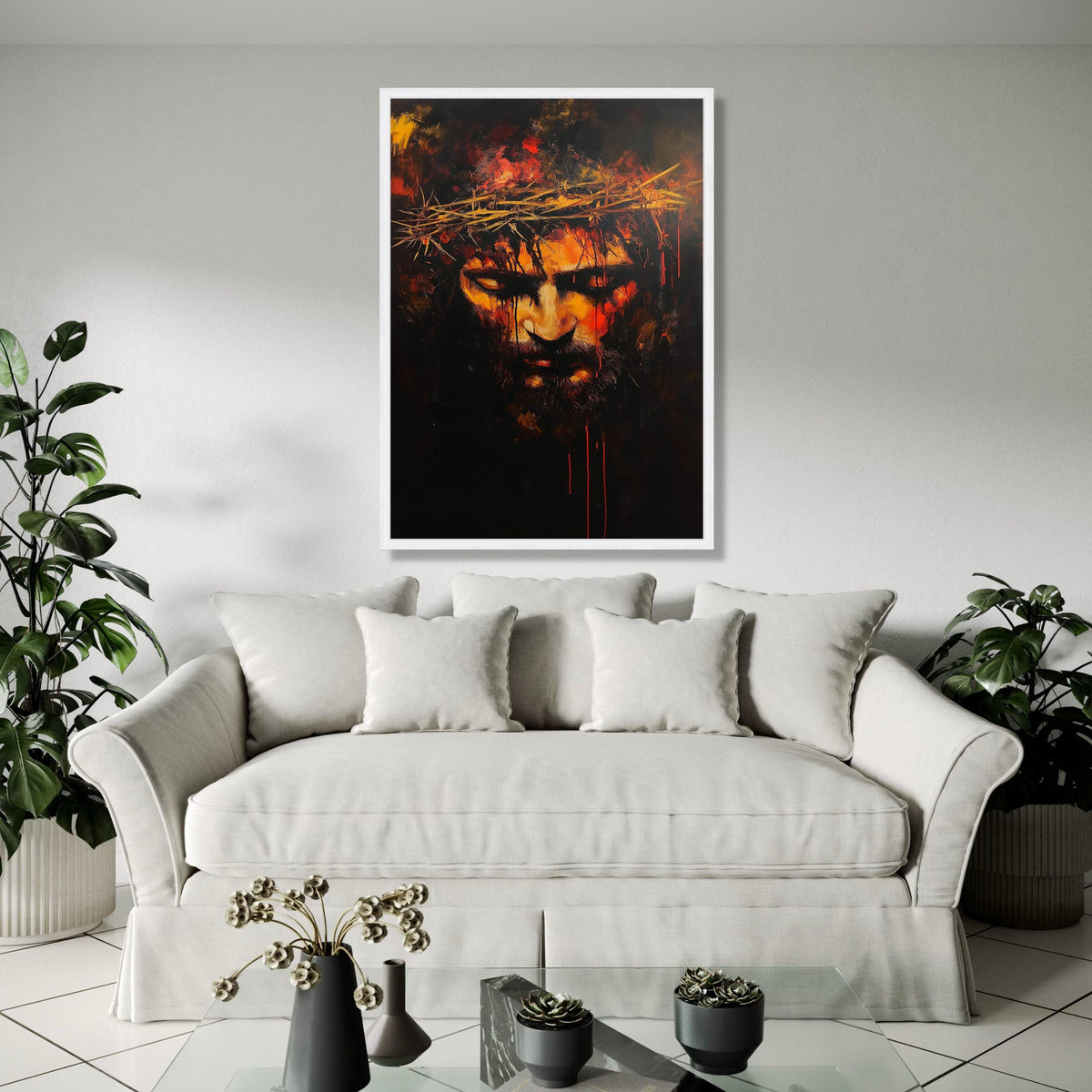 Intense Jesus Christ Crown of Thorns Canvas, Dramatic Religious Wall Art, Emotional Spiritual Portrait, Dark Gift Art, Home Decor, Print